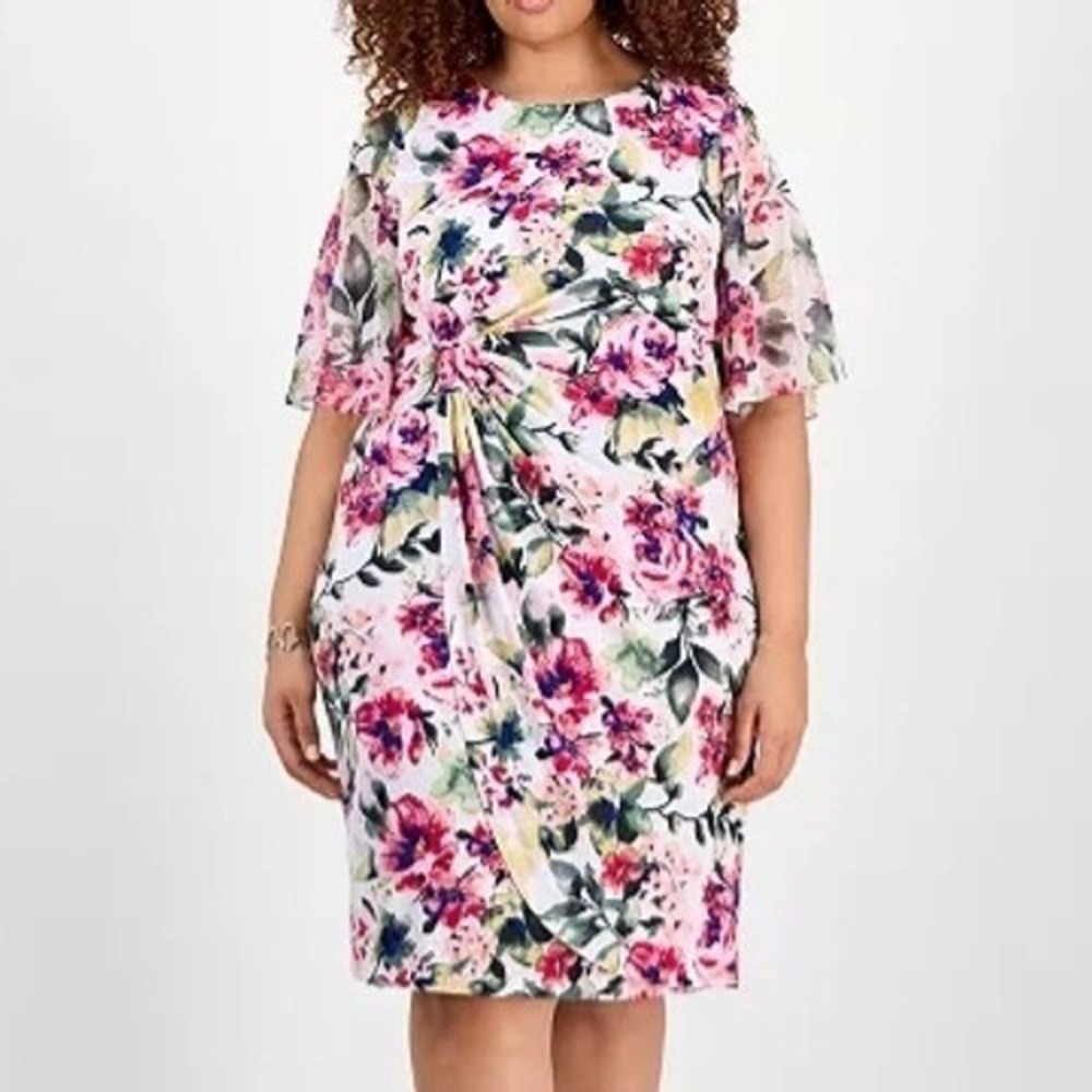 Connected Apparel Printed Floral Asymmetric Flutter Sleeve Dress Womens 22W NWT